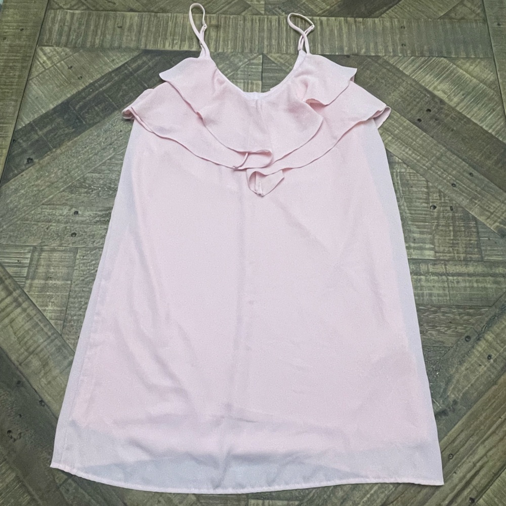 Oxford Sunday layered mini dress in pink with ruffle detailing size medium